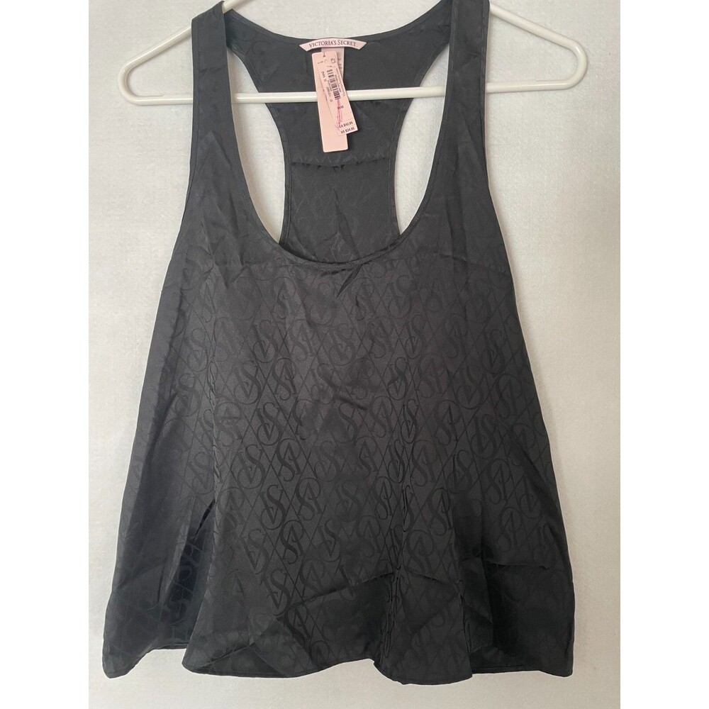 Victoria Secret Black Satin Tank top Women's sz M NWT Sexy Logo Racerback